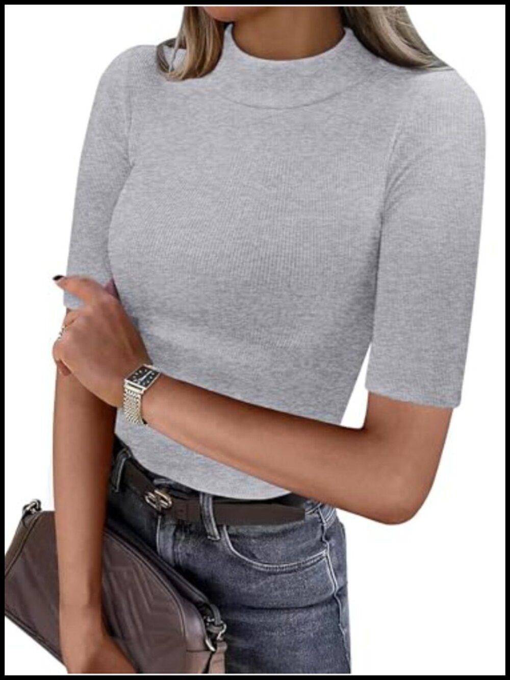 Women's Mock Neck Half Sleeve Ribbed Knit Tee - Slim Fit Basic Top